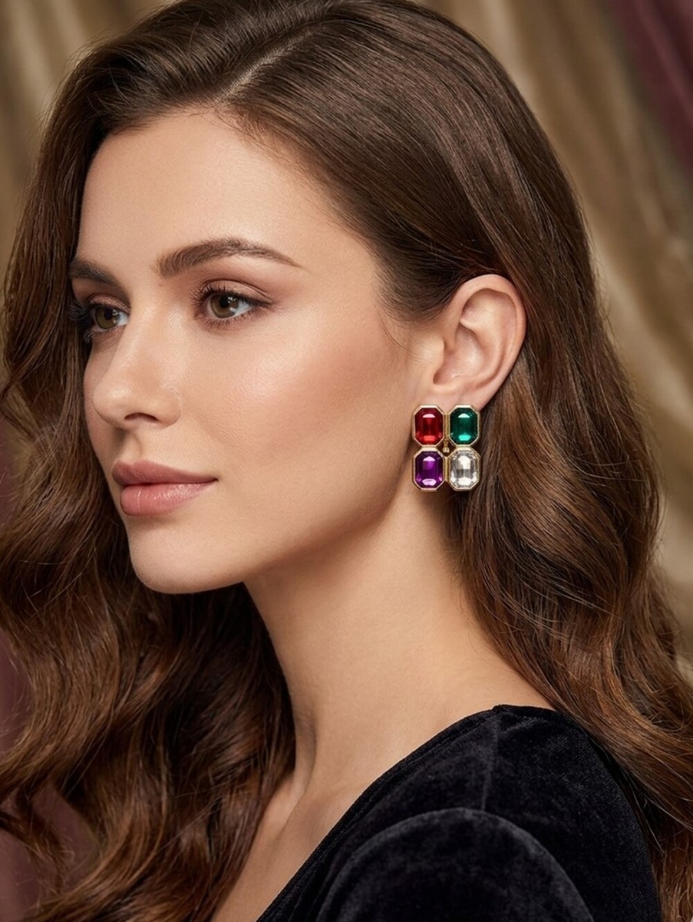 Vintage Gold Tone Multicolor Fuax Gemstone Clip Earrings  Purple Red Green Clear